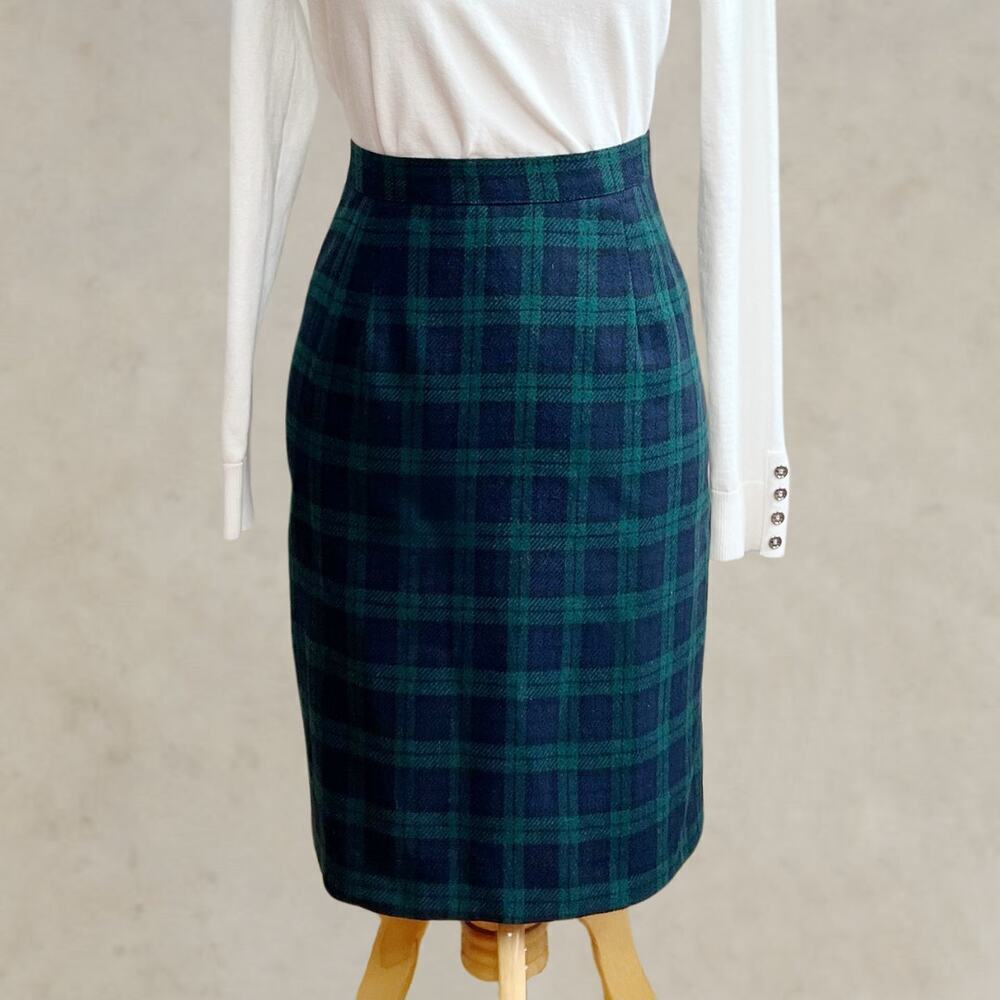 Vintage BRIGGS Wool Tartan Plaid High Waist Green and Blue Made in USA Skirt 10P